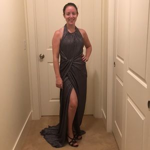 Carmen Marc Valvo Pewter Halter Prom Dress Formal